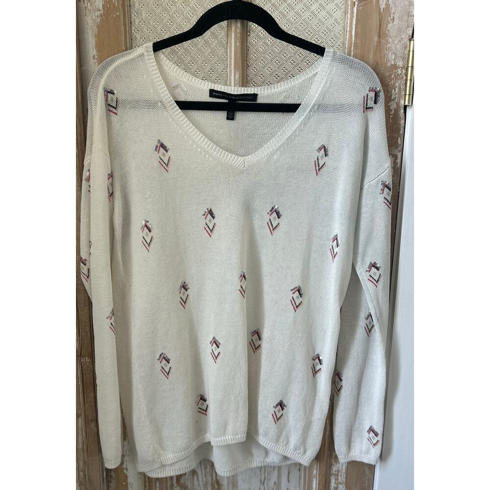 Women White House Black Market Knit Blouse, White, Size S
